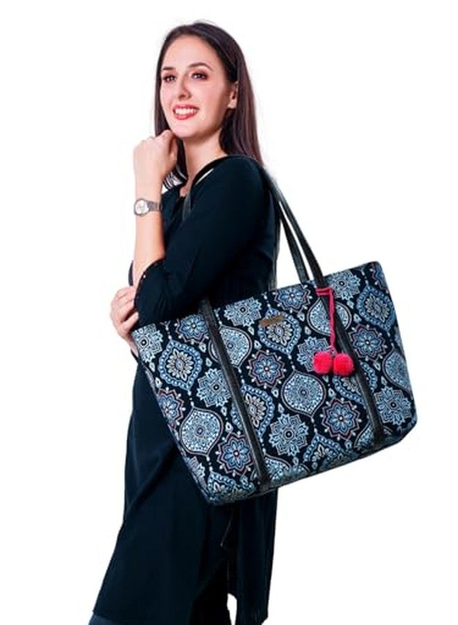 NEPRI Oversized Office Tote Bag | Stylish Tote Bags | Purse for Women | Vegan Leather & Hanblock Printed Fabric Handbag with Double Handle Shoulder Strap| Daily & Travel Use | WJT-011-004 - Image 3