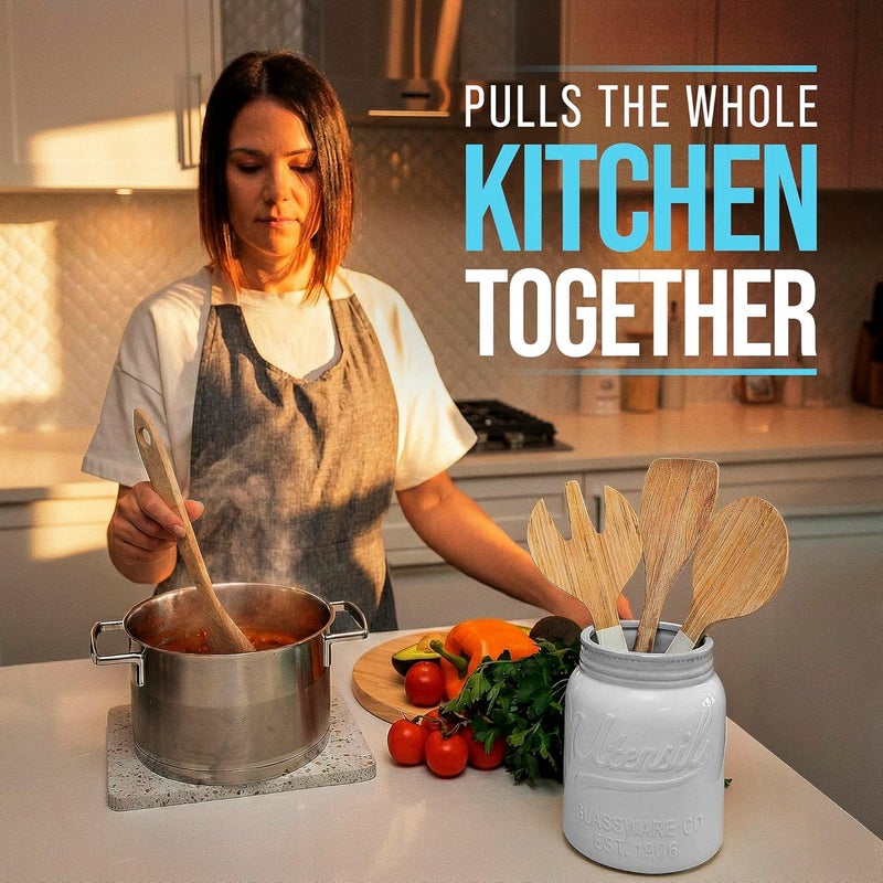 Comfify Wide Mouth Mason Jar Utensil Holder Decorative Kitchenware Organizer Crock - Perfect Cookware Gift - White, Large Size 5.4x6.75 - Image 4