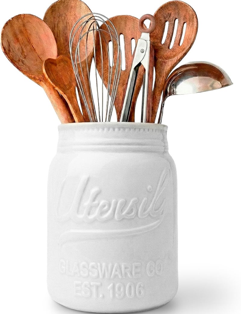 Comfify Wide Mouth Mason Jar Utensil Holder Decorative Kitchenware Organizer Crock - Perfect Cookware Gift - White, Large Size 5.4x6.75 - Image 1