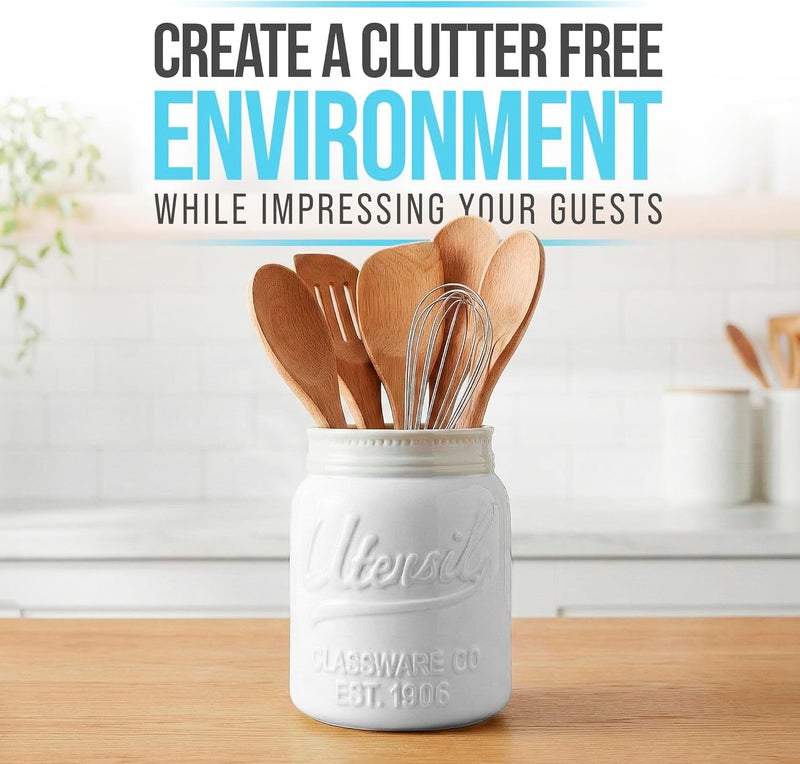 Comfify Wide Mouth Mason Jar Utensil Holder Decorative Kitchenware Organizer Crock - Perfect Cookware Gift - White, Large Size 5.4x6.75 - Image 2
