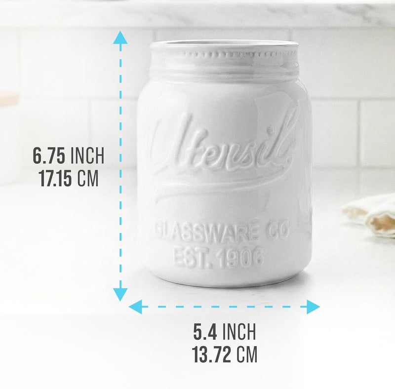 Comfify Wide Mouth Mason Jar Utensil Holder Decorative Kitchenware Organizer Crock - Perfect Cookware Gift - White, Large Size 5.4x6.75 - Image 3