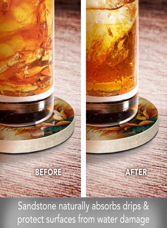 ثيريستي ستون مجموعة قواعد أكواب ثيرستستون صن فلاور 2 المصنوعة من الحجر الرملي الطبيعي، 4 قطع، صديقة للبيئة، ماصة، سهلة التنظيف - Image 5