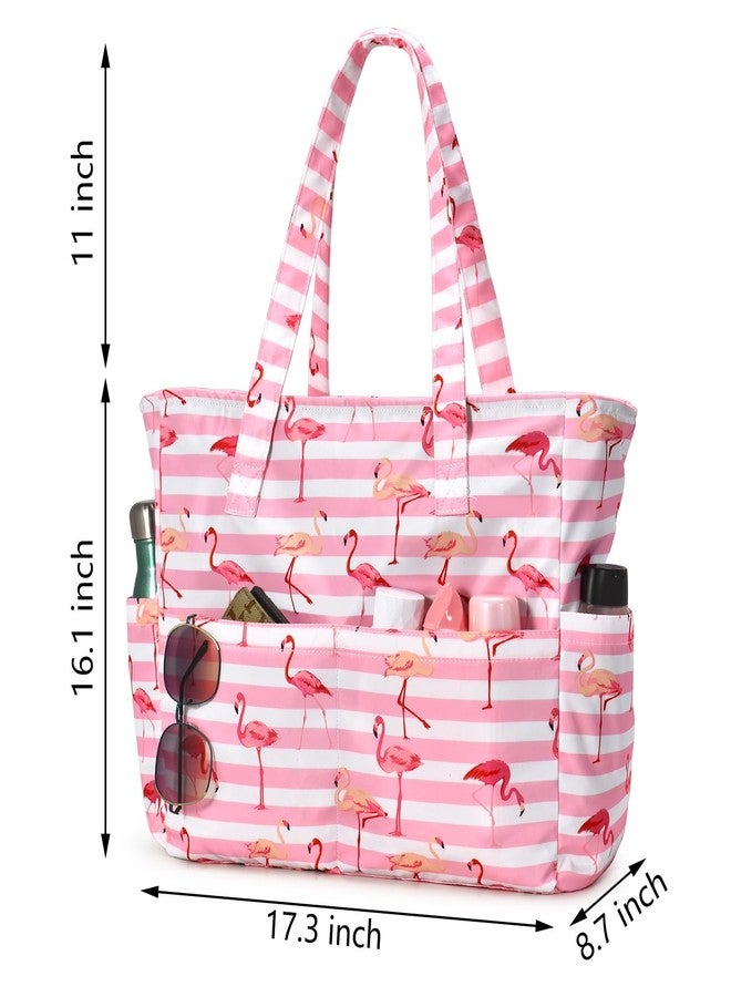 oscaurt Beach Bags for Women Beach Tote Bag Waterproof Sandproof Swim Pool Bag Large Capacity Beach Bag with Wet Pocket, Pink Flamingos, Large - Image 4