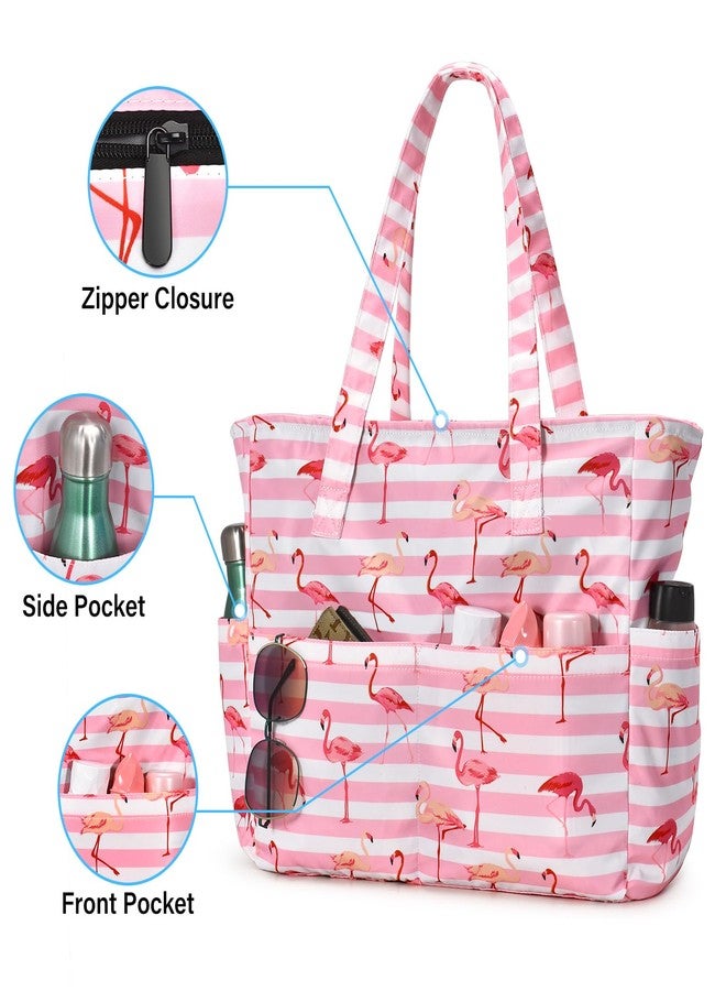 oscaurt Beach Bags for Women Beach Tote Bag Waterproof Sandproof Swim Pool Bag Large Capacity Beach Bag with Wet Pocket, Pink Flamingos, Large - Image 2