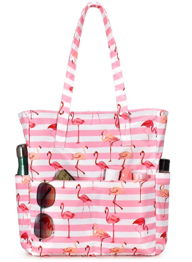 oscaurt Beach Bags for Women Beach Tote Bag Waterproof Sandproof Swim Pool Bag Large Capacity Beach Bag with Wet Pocket, Pink Flamingos, Large - Image 1
