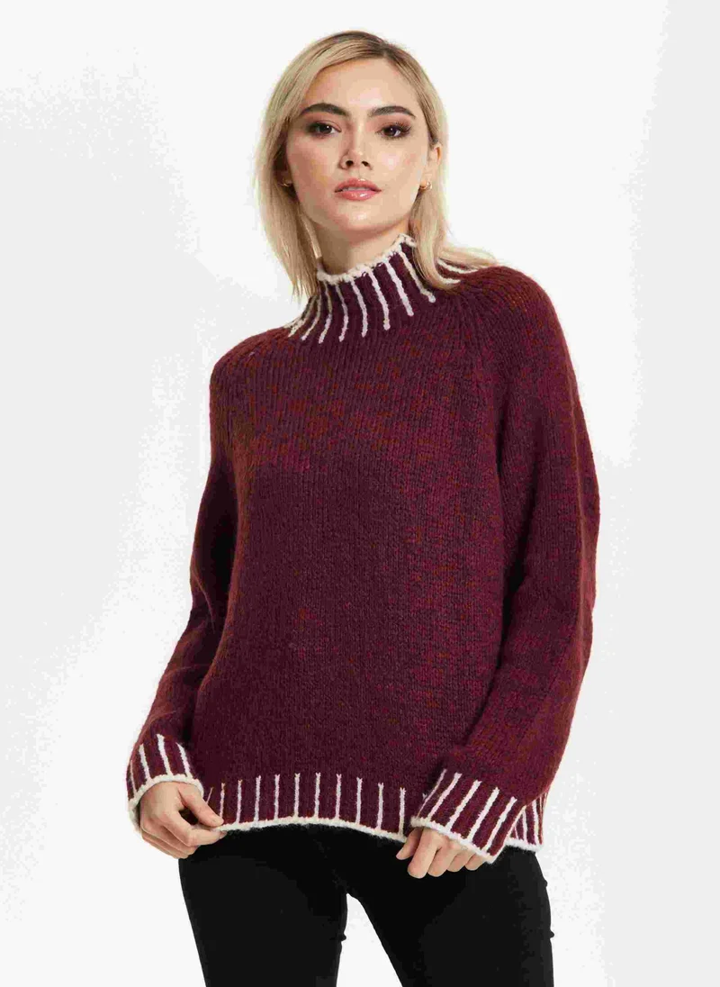 Liquorish Contrast Rib Wool Blend Jumper Burgundy