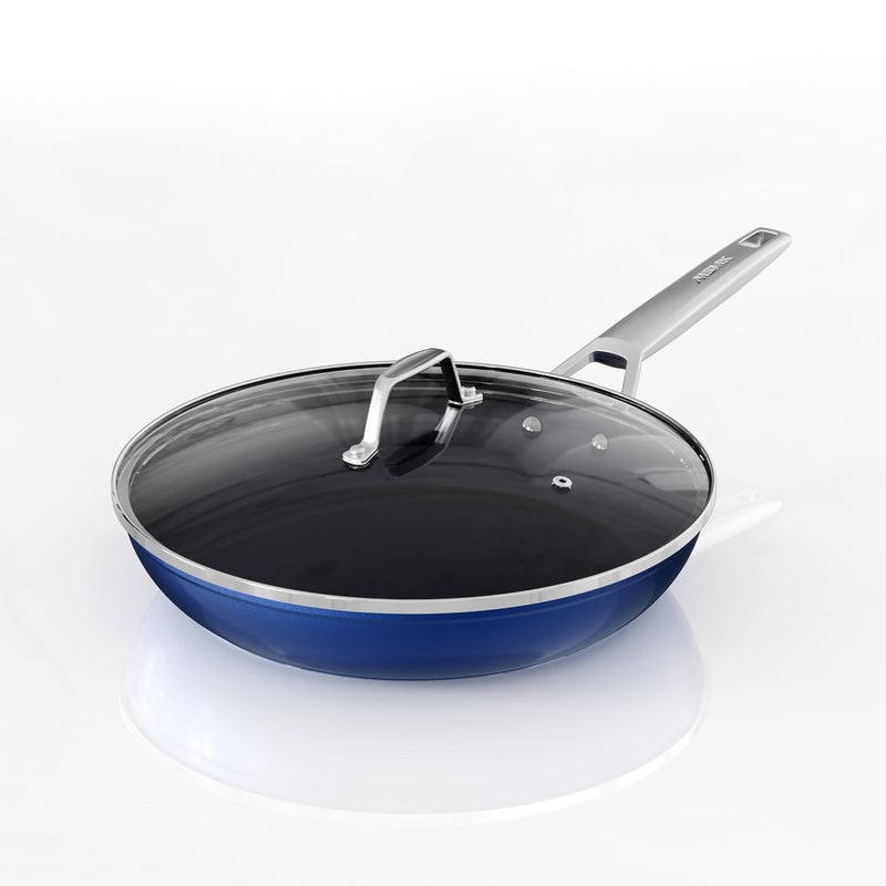 MsMk Frying pans nonstick with lid Blue 10inch Durable skillet Titanium and Diamond Non Stick NonToxic Coating From USA Even Heating Easy CleanUp Comfortable Handle Induction Compatibility