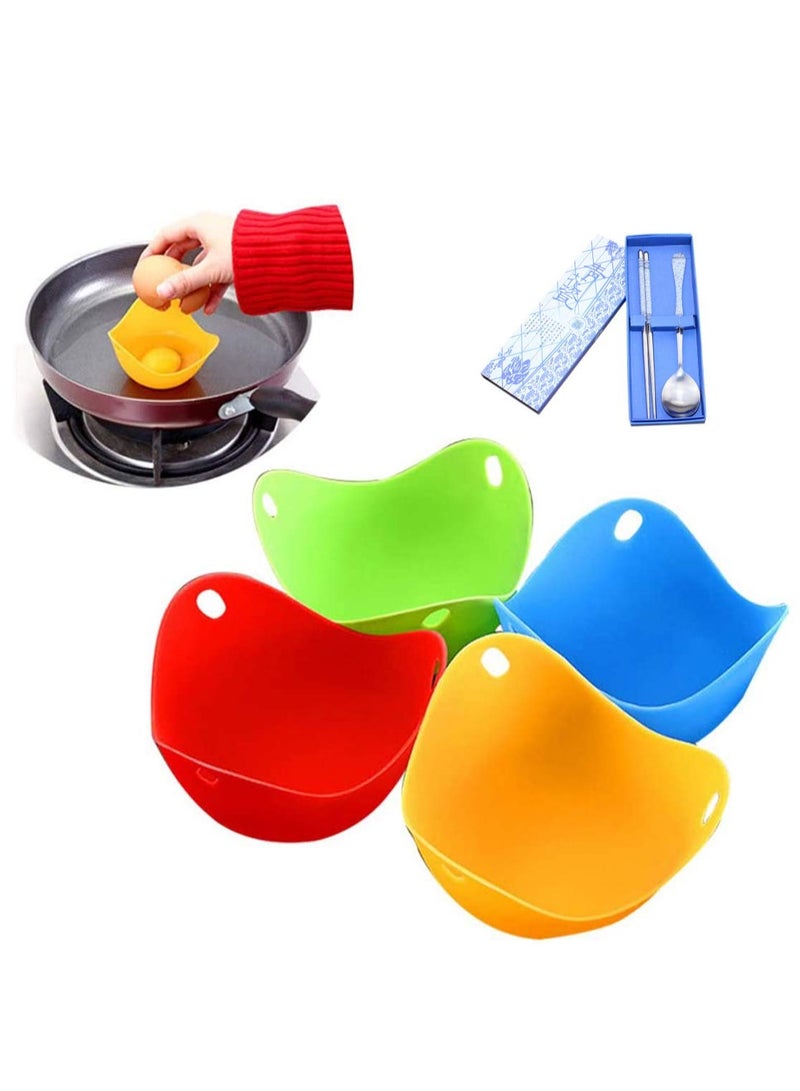 SYOSI Egg Poacher 4 Pack with 1 Chopsticks 1 Spoon Heat Resistant Extra Silicone Moulds for Cooking  - Image 1