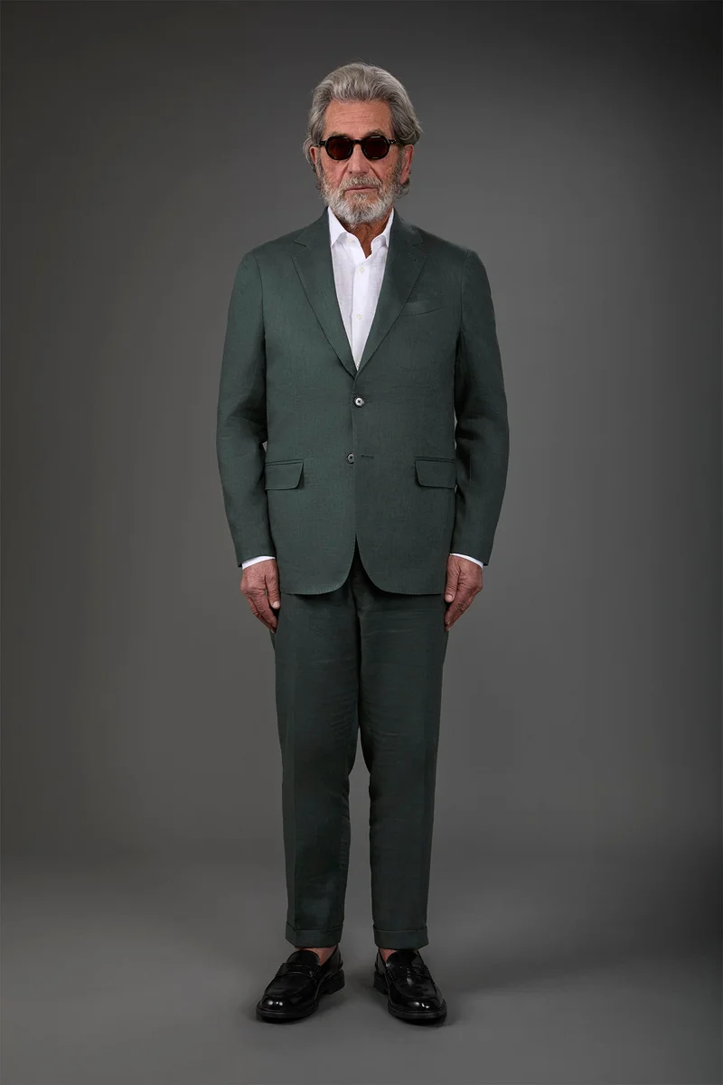 دوبل غانغر Single-breasted men's suit with flat front trousers, in pure linen with a washed effect - Forest Green
