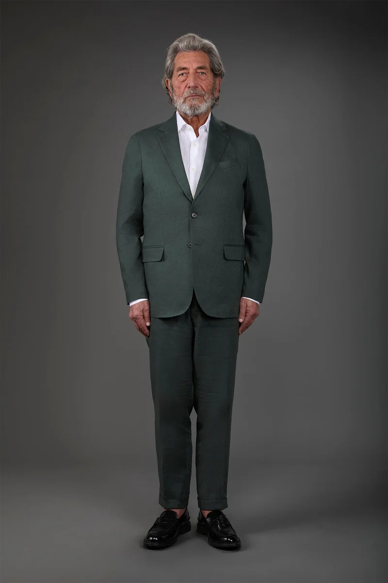دوبل غانغر Single-breasted men's suit with flat front trousers, in pure linen with a washed effect - Forest Green