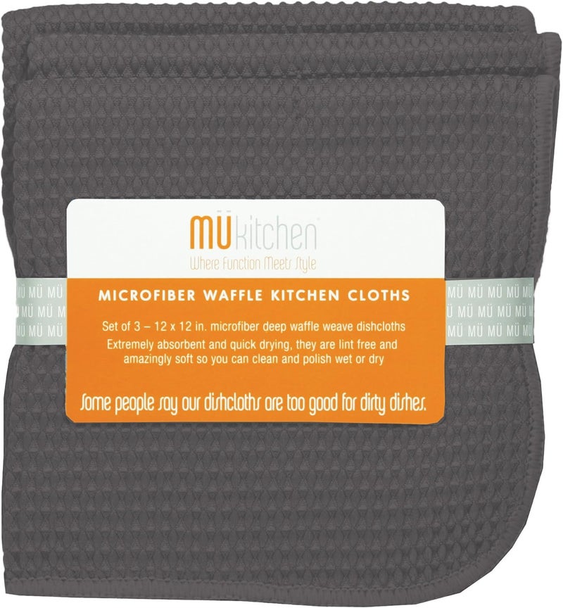 MÜkitchen Waffle Microfiber Cloth | Durable & Super Absorbent for Cleaning & Drying | Set of 3 | Cadet Gray Upgraded quality