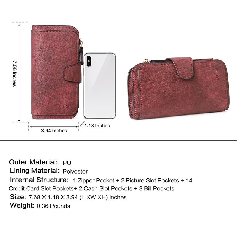 CLUCI Wallet For Women PU Leather RFID Blocking Womens Wallet Bifold Card Holder with ID Window Wine Red - Image 3