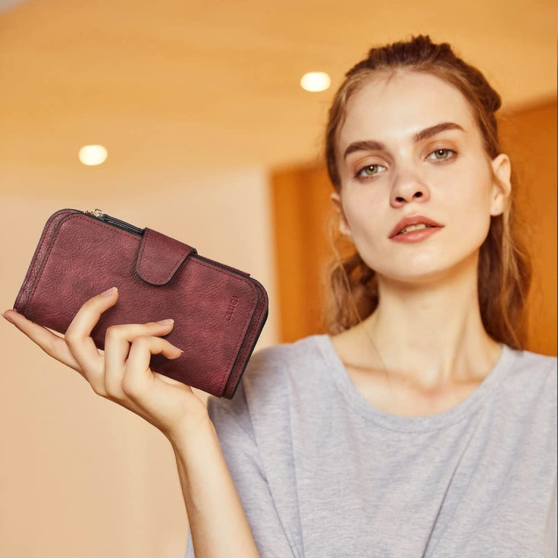 CLUCI Wallet For Women PU Leather RFID Blocking Womens Wallet Bifold Card Holder with ID Window Wine Red - Image 2