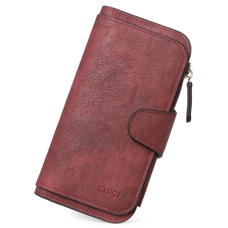 CLUCI Wallet For Women PU Leather RFID Blocking Womens Wallet Bifold Card Holder with ID Window Wine Red - Image 1