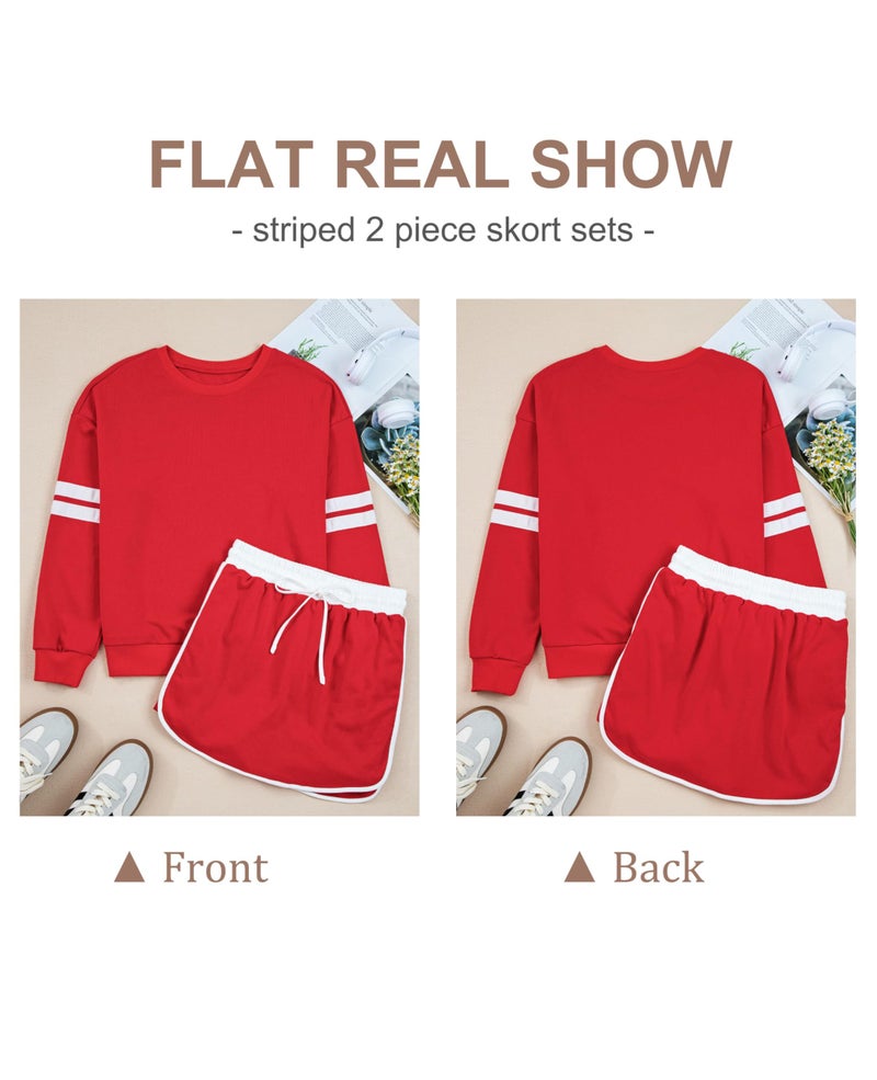 SELINK Womens Striped 2 Piece Outfit Tracksuit Oversized Lounge Set Casual Top and Skorts Matching Sets Red-S - Image 4