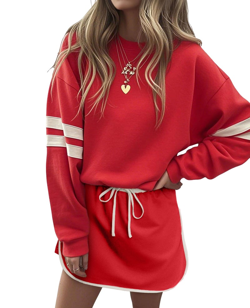 SELINK Womens Striped 2 Piece Outfit Tracksuit Oversized Lounge Set Casual Top and Skorts Matching Sets Red-S - Image 1