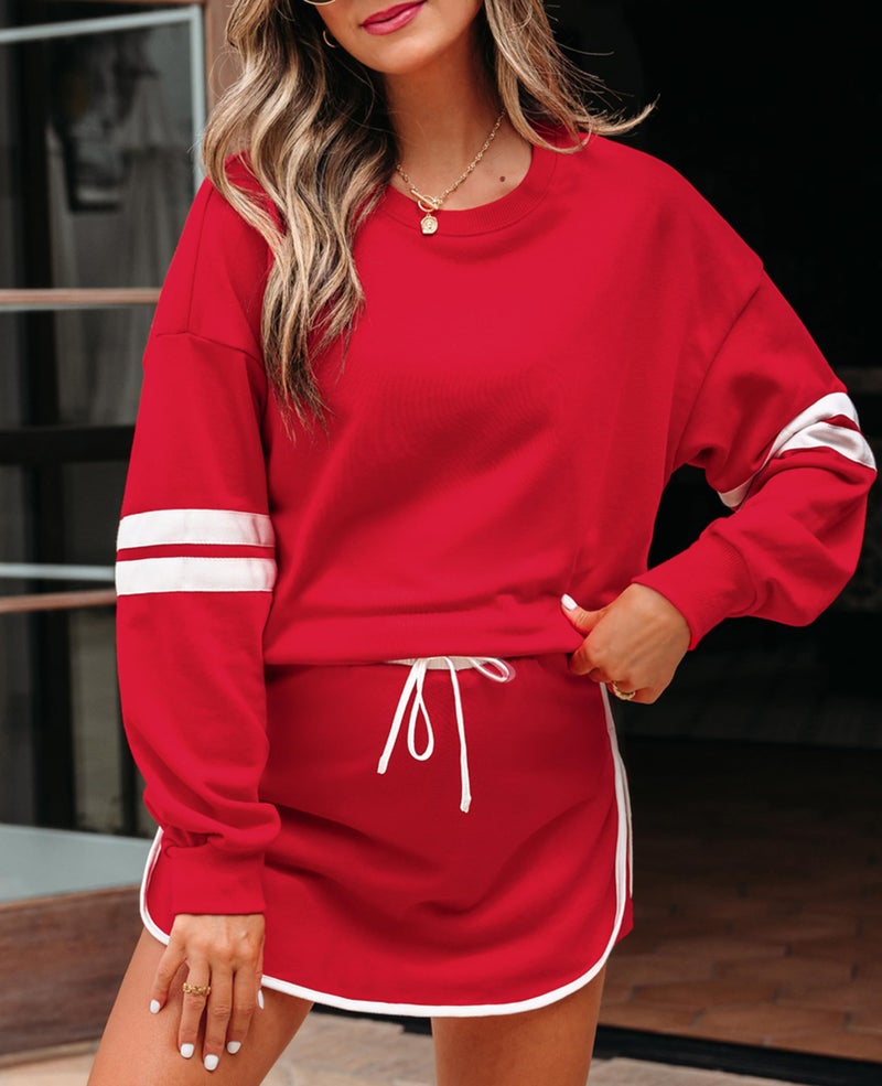 SELINK Womens Striped 2 Piece Outfit Tracksuit Oversized Lounge Set Casual Top and Skorts Matching Sets Red-S - Image 3