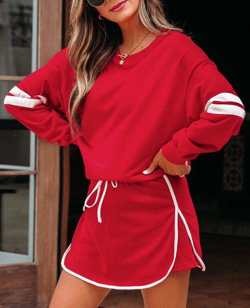SELINK Womens Striped 2 Piece Outfit Tracksuit Oversized Lounge Set Casual Top and Skorts Matching Sets Red-S - Image 2