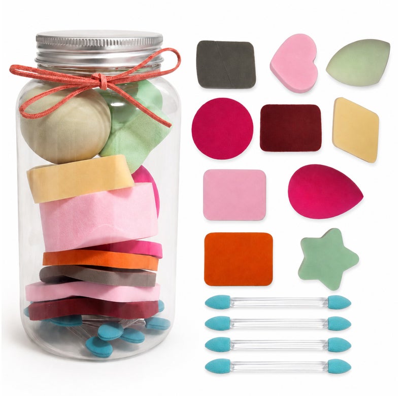 Me Now 14 Pcs Makeup Sponge Set with Storage Jar, Cosmetic Foundation Sponge Puffs and Eyeshadow Applicators, Multi-Shape Beauty Sponges for Liquid, Cream and Powder Makeup 2 Jar - Image 1