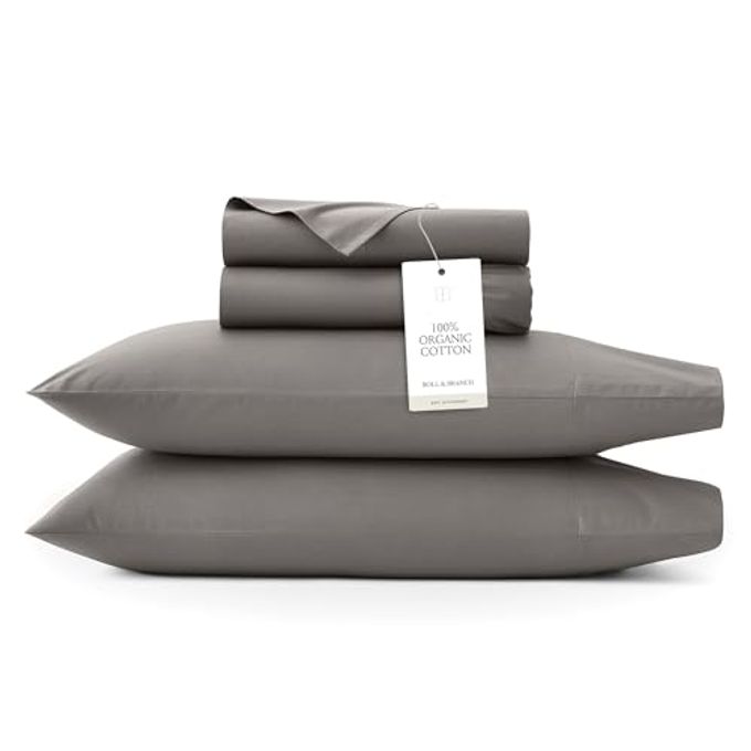 BOLL & BRANCH Signature Hemmed Sheet Set Queen, Stone Luxury 100% Organic Cotton Includes 1 Flat, 1 Fitted, 2 Pillowcases Buttery Soft - Image 1