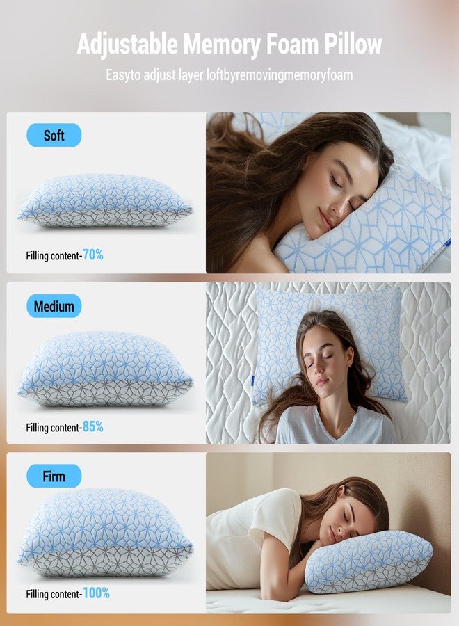 puredown Bed Pillows Queen Size Set of 2,Cooling Pillow Memory Foam Pilows 2 Pack, Adjustable Foam Sleeping Pillows with Washble Pillowcase for Side Back Stomach Sleepers - Image 3