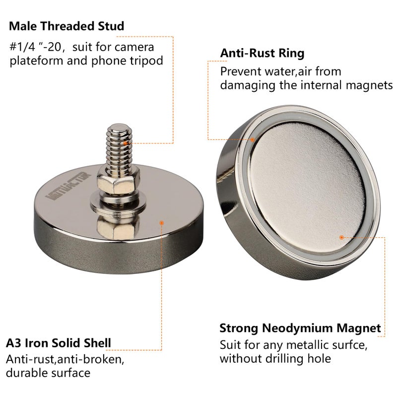 MUTUACTOR 4Pack Super Powerful Round Cup Magnet with 1/4''-20 Male Threaded Stud, 92lb Vertical Pull-Force Non-Shattering Neodymium Magnet with Nut and Washer for Lighting, Camera and Other Brackets - Image 3