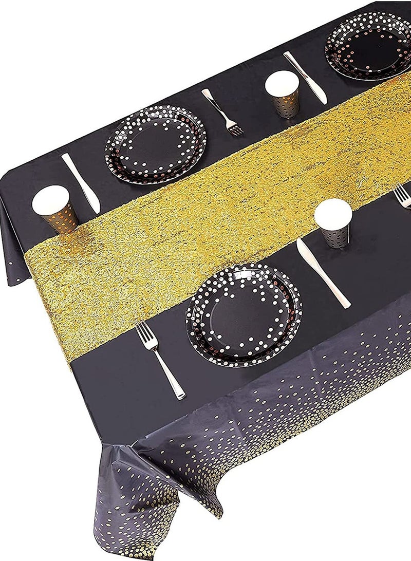 Black Tablecloth with Gold Sequin Runner Set Elegant Black and Gold Party Decor Rectangle Plastic Table Cover for Celebrations Stylish Gold Table Runners for Graduation Birthday and Anniversaries - Image 4