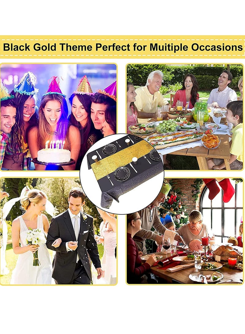 Black Tablecloth with Gold Sequin Runner Set Elegant Black and Gold Party Decor Rectangle Plastic Table Cover for Celebrations Stylish Gold Table Runners for Graduation Birthday and Anniversaries - Image 5