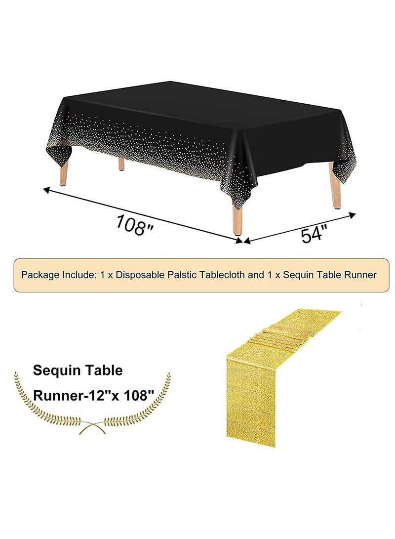 Black Tablecloth with Gold Sequin Runner Set Elegant Black and Gold Party Decor Rectangle Plastic Table Cover for Celebrations Stylish Gold Table Runners for Graduation Birthday and Anniversaries - Image 3