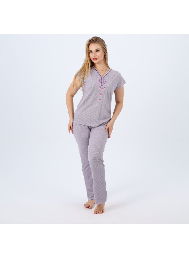 zecotex  Cotton Embroidered Women's Pajama Set – Soft Lounge Wear – Short Sleeve Top & Full-Length Pants – Sizes S to 2XL  - Image 2