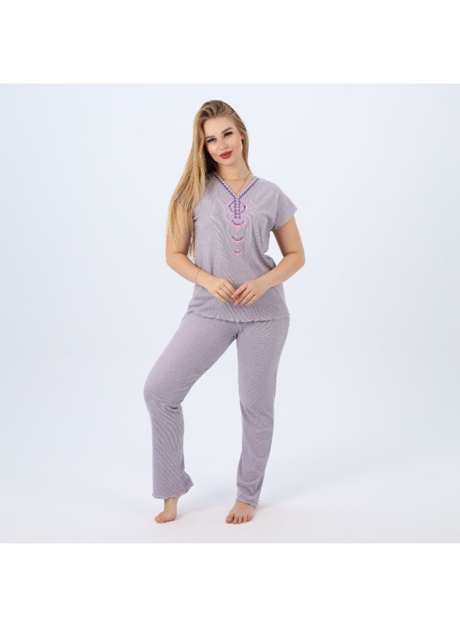 zecotex  Cotton Embroidered Women's Pajama Set – Soft Lounge Wear – Short Sleeve Top & Full-Length Pants – Sizes S to 2XL  - Image 1