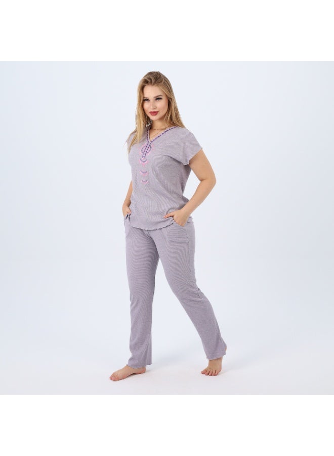zecotex  Cotton Embroidered Women's Pajama Set – Soft Lounge Wear – Short Sleeve Top & Full-Length Pants – Sizes S to 2XL  - Image 4