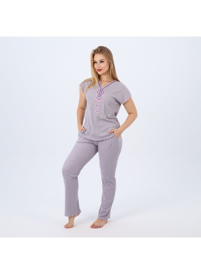 zecotex  Cotton Embroidered Women's Pajama Set – Soft Lounge Wear – Short Sleeve Top & Full-Length Pants – Sizes S to 2XL  - Image 5