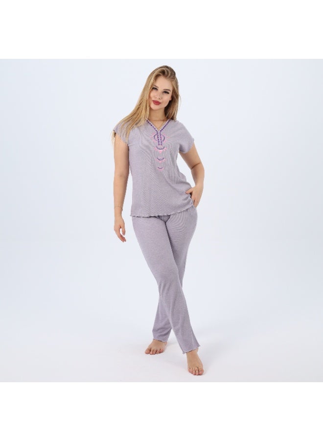 zecotex  Cotton Embroidered Women's Pajama Set – Soft Lounge Wear – Short Sleeve Top & Full-Length Pants – Sizes S to 2XL  - Image 3