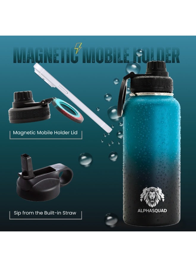 ALPHASQUAD 32Oz / 1000Ml Water Bottle with Magnetic Phone Holder, Stainless Steel Water Bottles Compatible with Phone Mount and Tripod for iPhone, Double Walled Insulated Tumbler for Gym, Sport (Teal) - Image 3