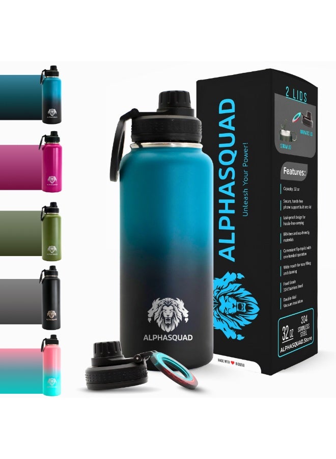 ALPHASQUAD 32Oz / 1000Ml Water Bottle with Magnetic Phone Holder, Stainless Steel Water Bottles Compatible with Phone Mount and Tripod for iPhone, Double Walled Insulated Tumbler for Gym, Sport (Teal) - Image 1