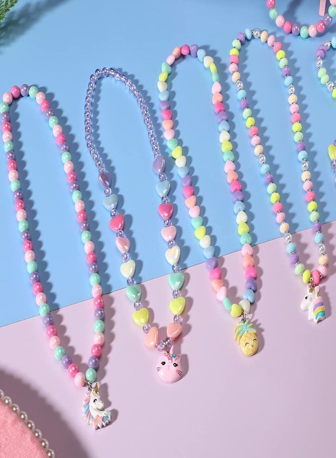 PinkSheep Jewelry Sets Beaded Necklace and Beads Bracelet for Kids Girls 10 Sets Unicorn Cat Bird Owl Necklace and Beads Little Favors Bags for Girls Princess Dress Up Pretend Play - Image 3