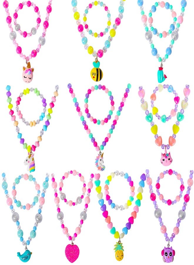 PinkSheep Jewelry Sets Beaded Necklace and Beads Bracelet for Kids Girls 10 Sets Unicorn Cat Bird Owl Necklace and Beads Little Favors Bags for Girls Princess Dress Up Pretend Play - Image 1