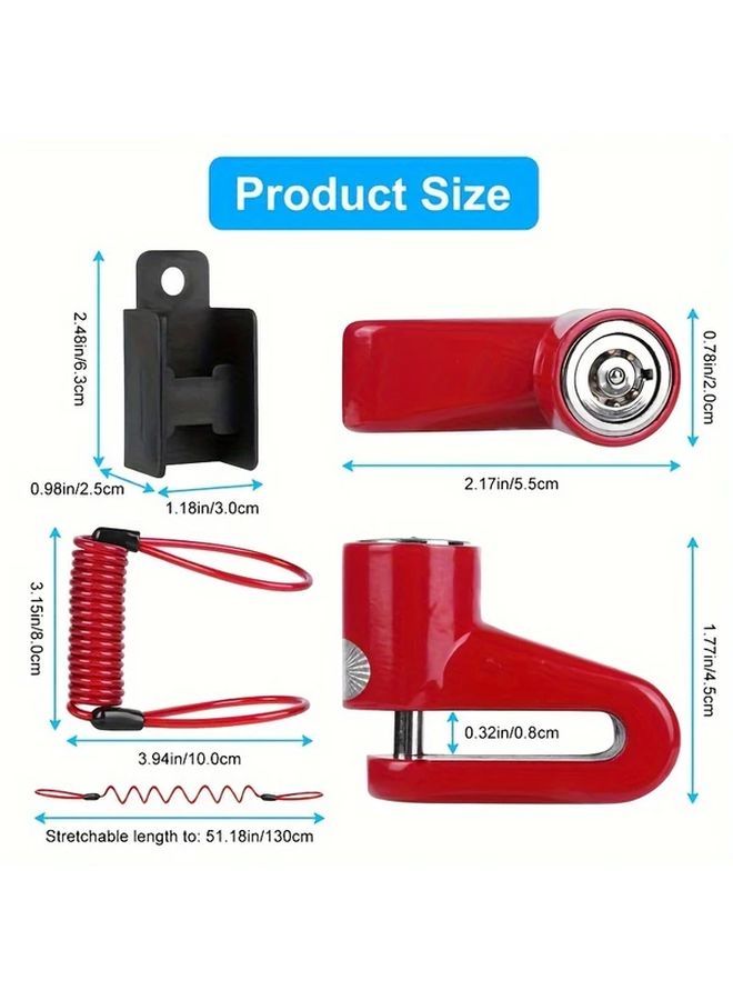 Red Disc Brake Lock Set with Reminder Rope Anti Theft Motorcycle Lock Portable - Image 2
