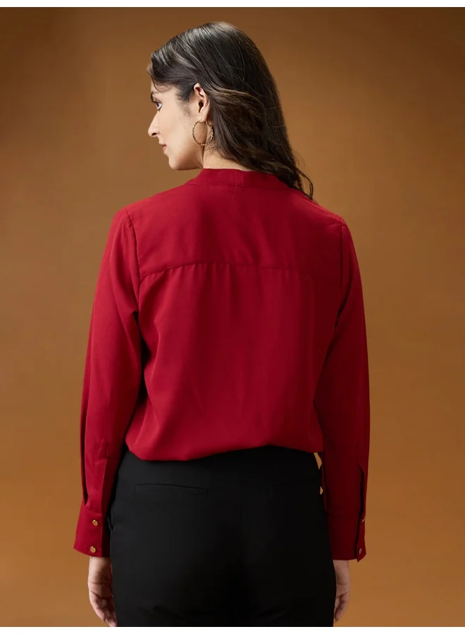 globus Globus Women Red Collared Neck Tie Detail Cuff Sleeves Party Shirt