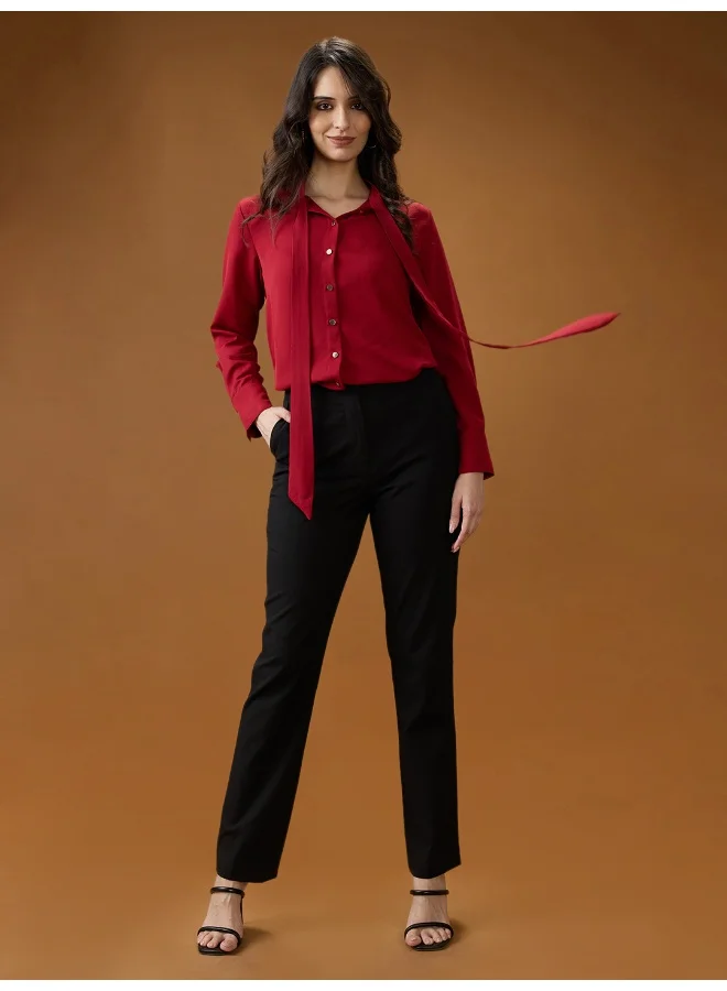 globus Globus Women Red Collared Neck Tie Detail Cuff Sleeves Party Shirt