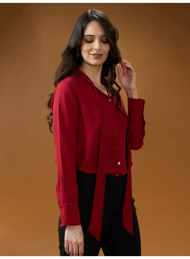 globus Globus Women Red Collared Neck Tie Detail Cuff Sleeves Party Shirt