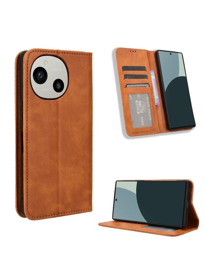 Green Tiger For Sharp Aquos R9 Magnetic Buckle Retro Texture Leather Phone Case(Brown)