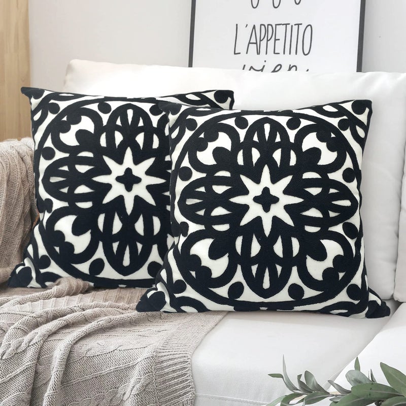 Alysheer Embroidered Decorative Throw Pillow Covers 18"x18" Set of 2 Pieces, Classic Boho Mandala Knit Pattern, Durable 100% Cotton Canvas Cozy Cushion Cases for Sofa Couch Living Room (Black) - Image 1