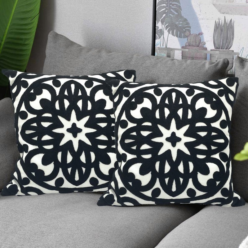 Alysheer Embroidered Decorative Throw Pillow Covers 18"x18" Set of 2 Pieces, Classic Boho Mandala Knit Pattern, Durable 100% Cotton Canvas Cozy Cushion Cases for Sofa Couch Living Room (Black) - Image 2