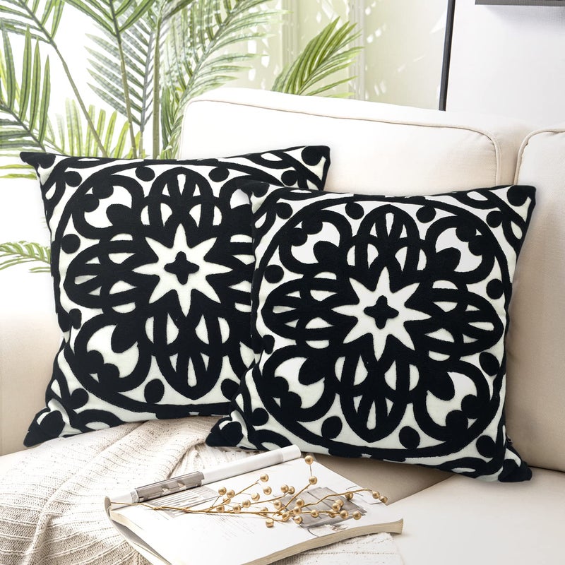 Alysheer Embroidered Decorative Throw Pillow Covers 18"x18" Set of 2 Pieces, Classic Boho Mandala Knit Pattern, Durable 100% Cotton Canvas Cozy Cushion Cases for Sofa Couch Living Room (Black) - Image 4