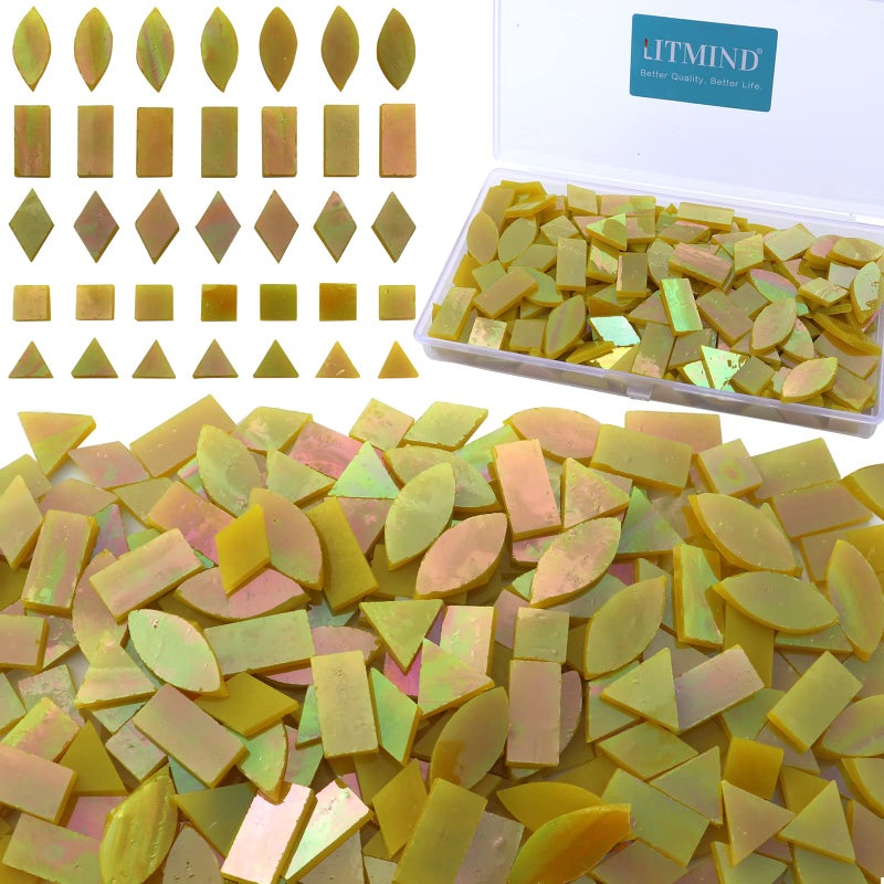 LITMIND Iridescent Glass Mosaic Tiles for Crafts 240 Pieces 5 Shapes Mixed Yellow Stained Glass Pieces Mosaic Kits for Adults Iridescent Yellow