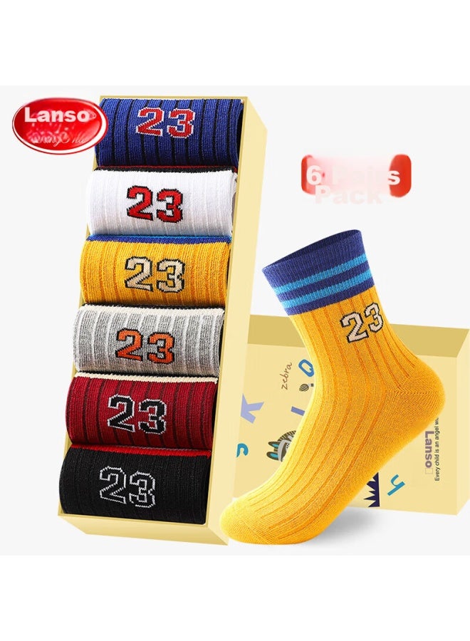 LANG SHA Langsha Children's Socks, Boys' Mid-calf Socks, Cotton Breathable Baby Socks, Short Socks For Older Kids, 6 Pairs, Sports Digital Style - Image 1