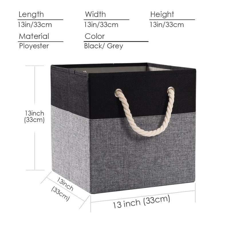 PRANDOM Large Foldable Cube Storage Bins 13x13 inch [4-Pack] Fabric Linen Storage Baskets Cubes Drawer with Cotton Handles Organizer for Shelves Nursery Closet Bedroom Black - Image 5