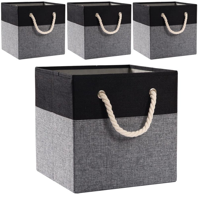 PRANDOM Large Foldable Cube Storage Bins 13x13 inch [4-Pack] Fabric Linen Storage Baskets Cubes Drawer with Cotton Handles Organizer for Shelves Nursery Closet Bedroom Black - Image 1
